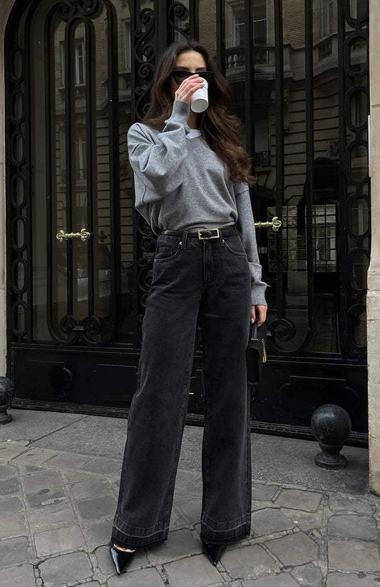 I Don't Need You Mid Rise Wide Leg Jeans Black Acid Wash